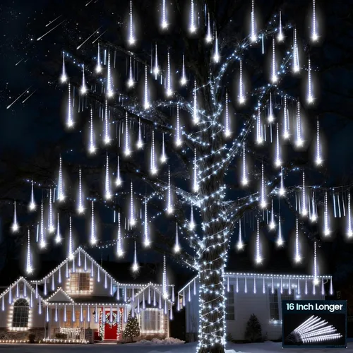 Aluan Luces de Navidad para exteriores, luces blancas de lluvia de meteoritos de 16 pulgadas, 10 tubos, 360 LED, luz de lluvia que cae impermeable,
