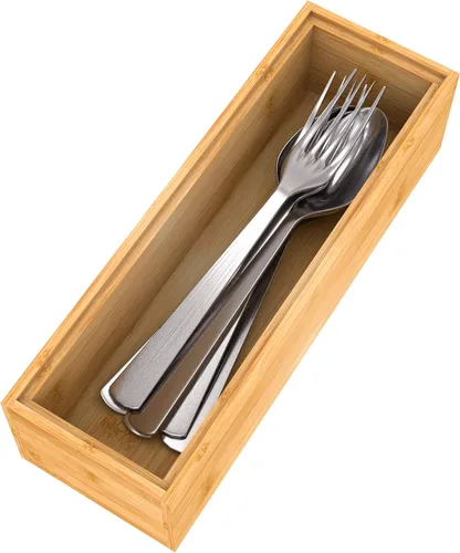 Organizador de utensilios de cubiertos, organizador de cajones de cubiertos – Soporte apilable de bambú para cubiertos, bandejas de almacenamiento
