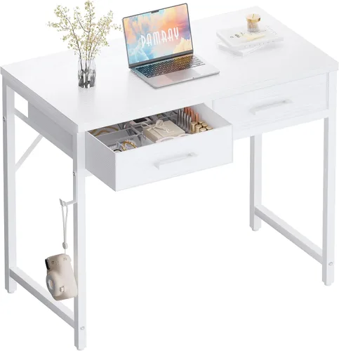 Vista 13 de Pamray Escritorio pequeño para computadora de 32 pulgadas con 2 cajones para dormitorio, estudio, escritura, mesa de oficina en casa para espacios