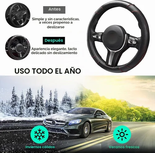 Vista 7 de Funda para volante de automóvil, 15 pulgadas, de piel de microfibra de fibra de carbono, protector elástico para volante, transpirable