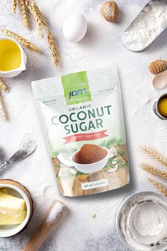 Vista 4 de Jans Azúcar de coco orgánico, 16 onzas, azúcar de palma de coco natural, azúcar de coco moreno, sin refinar, sin OMG, azúcar sin gluten, alternativa