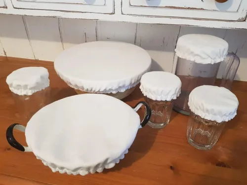 Vista 2 de Set of 6 Reusable Food Bowl Storage Covers ~ Stretchable 100% Cotton Lids For Food Storage Bread Proofing Cover Eco-Friendly Kitchen Gift