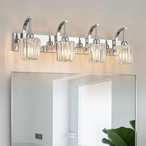 Vista 37 de Lámpara de tocador de cristal de 4 luces, aplique de pared de baño cromado moderno con pantallas de cristal K9, 32.67" de largo, iluminación sobre