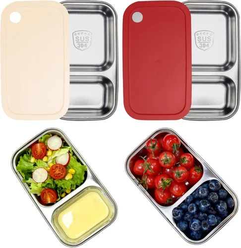 Vista 8 de Paquete de 3 recipientes de acero inoxidable con tapas, 2 compartimentos de 16.9 onzas, tapa a prueba de fugas, caja de ensalada reutilizable