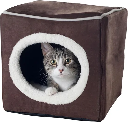 PETMAKER Cat House - Cama interior con cojín de espuma extraíble, cueva de gato para cachorros, conejos, cobayas y otros animales pequeños (marrón
