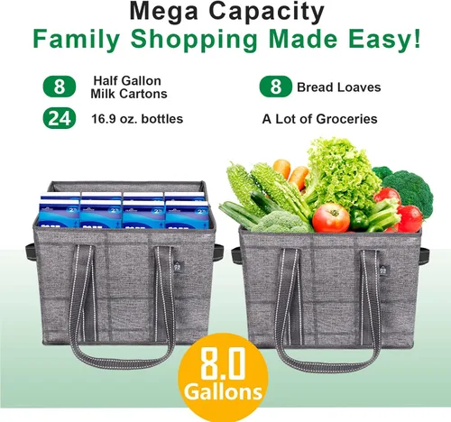 Vista 5 de VENO Paquete de 2 bolsas de comestibles reutilizables, bolsas de compras para comestibles, bolsa de utilidad extragrande con asas y parte inferior