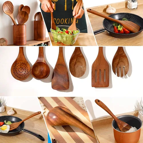 Vista 6 de Juego de utensilios de cocina de madera de teca, 7 piezas, utensilios de cocina de madera, incluye espátula