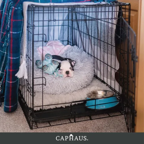Vista 9 de CAPHAUS Jaula plegable para perros de alambre y metal con bandeja a prueba de fugas y patas protectoras y panel divisor, puerta simple o doble