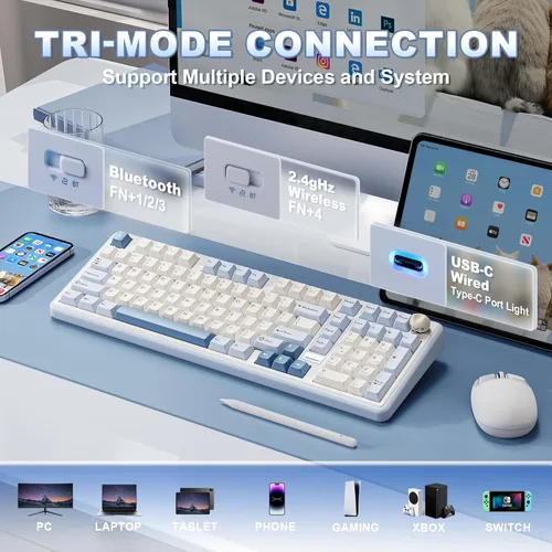 Vista 3 de YUNZII B98 PRO QMK/VIA Wireless Mechanical Gaming Keyboard, 96% Layout with Numpad and Cute Cat Knob, BT/2.4G/USB-C, Pre-Lubed Switch Hot Swap