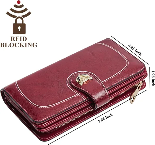 Vista 6 de FOXLOVER Cartera de pulsera de diseñador para mujer, de gran capacidad, con bloqueo RFID, de cuero, tarjetero de crédito, Rojo vino, Classic