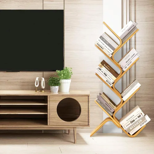 Vista 10 de Estantería de bambú de 4 niveles, moderna estantería de pie para oficina, almacenamiento de libros creativos, estantes organizadores curvos, estante