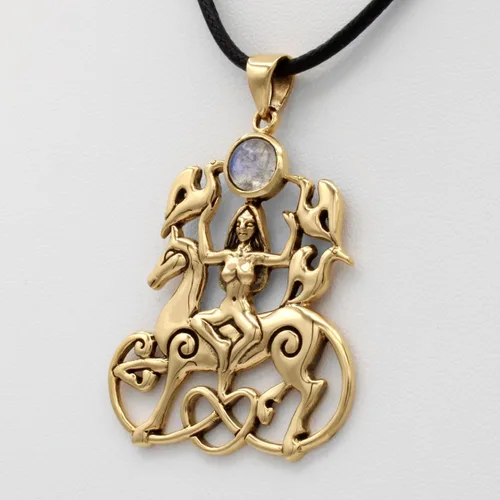 Vista 3 de Dryad Design Rhiannon - Diosa celta colgante (piedra lunar arcoíris) de 2 pulgadas de alto, joyería pagana wicca de bronce, Bronce, Adularia