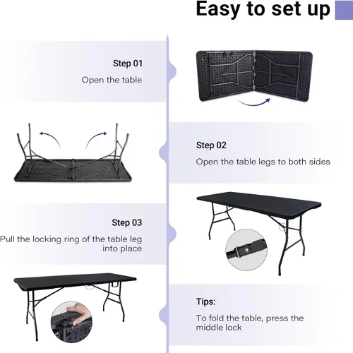 Vista 15 de Mesa plegable portátil de plástico resistente de 6 pies, plegable por la mitad, mesa plegable de plástico para interiores y exteriores, para Blanco