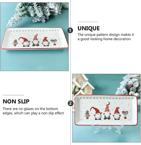 Vista 4 de Platos rectangulares de porcelana para servir gnomos de Navidad para servir ensalada, pasta, queso, aperitivo, jamón, apto para lavavajillas