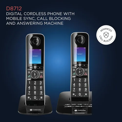 Vista 5 de Motorola Voice D8712 - Sistema de teléfono inalámbrico con 2 teléfonos digitales + Bluetooth a celda, contestador automático, bloque de llamadas
