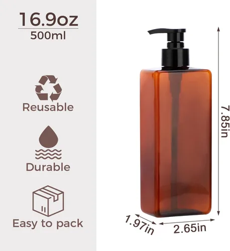 Vista 3 de Suream Dispensador de champú y acondicionador ámbar con bomba de plástico negro, botella de ducha recargable de 16.9 onzas para baño, recipiente