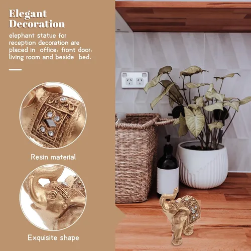 Vista 6 de Elephant Decor for Home, Golden Resin Elephant Statue, 3.5 Inch Feng Shui Figurine for Office Desk & Shelf
