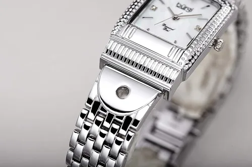 Vista 7 de Burgi BUR171 - Reloj rectangular de lujo para mujer, esfera de nácar con 3 marcadores de hora de diamante en pulsera de eslabones de acero inoxidable
