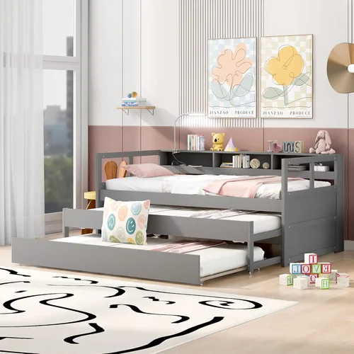 Vista 17 de JIVOIT Sofá cama extensible con cama nido y dos cajones de almacenamiento, marco de sofá cama de madera con soportes de listones de madera, diseño