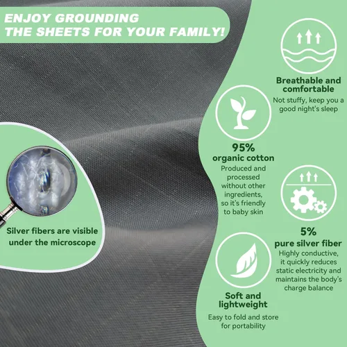 Vista 3 de Grounding Sheets - Sábana de cama individual de algodón de fibra plateada conectada a tierra para aliviar el dolor del sueño, sábana encimera de 39