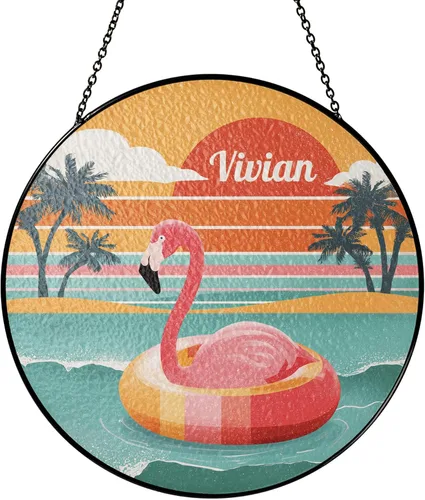 Personalized Flamingo Suncatcher for Bird Lovers, Custom Name Stained Glass Suncatcher, Vibrant Tropical Bird Window Hanging for Summer Decor, Retro