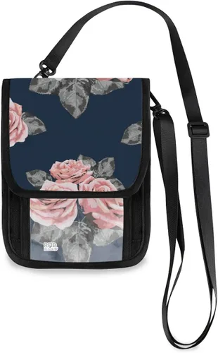 RFID Blocking Travel Neck Wallet - Pink Rose Flowers Passport Holder Neck Pouch for Women Men Waterproof Cash Documents Crossbody Bag