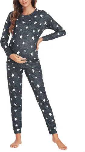 Vista 2 de Ekouaer Conjunto de ropa interior térmica de maternidad y lactancia, conjunto de pantalones largos de punto a rayas, capa base superior e inferior