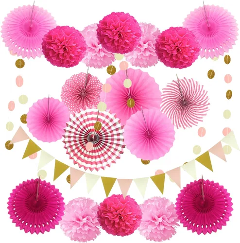 ZERODECO - Decoración para fiestas, 21 abanicos de papel rosa para colgar, pompones, flores, guirnaldas, tiras de lunares y banderines triangulares