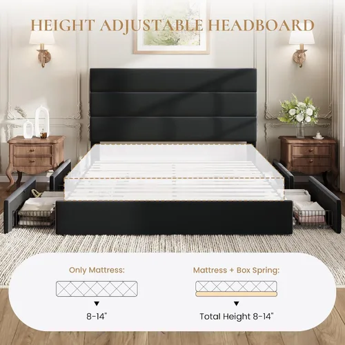 Vista 9 de SHA CERLIN - Base de cama de plataforma de tamaño matrimonial con 4 cajones de almacenamiento, color negro Cabecera tapizada de terciopelo, base