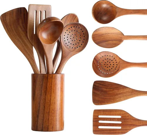 Vista 9 de Juego de utensilios de cocina de teca natural, resistentes al calor, antiadherentes, cucharas de madera para cocinar