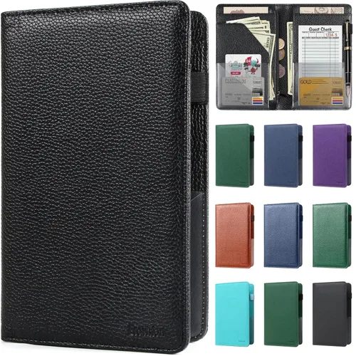 Vista 27 de EcoVision Libro de Servidor para Mesera, Organizador de Cuero para Mesero con Bolsillo con Cremallera, Libreta para Personal de Restaurante