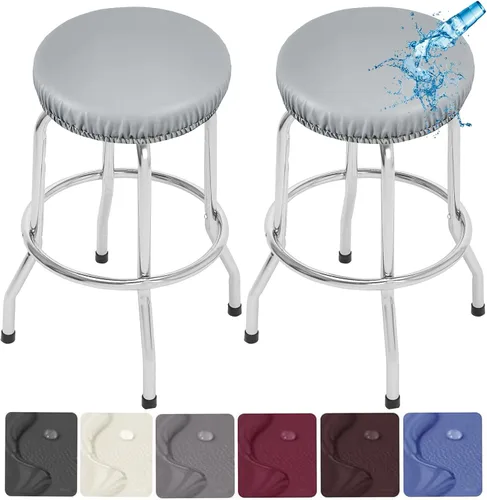 Vista 13 de Paquete de 2 fundas para taburetes de bar de poliuretano, impermeables, extraíbles, lavables, color gris, se adapta a taburetes redondos de 13 a 18