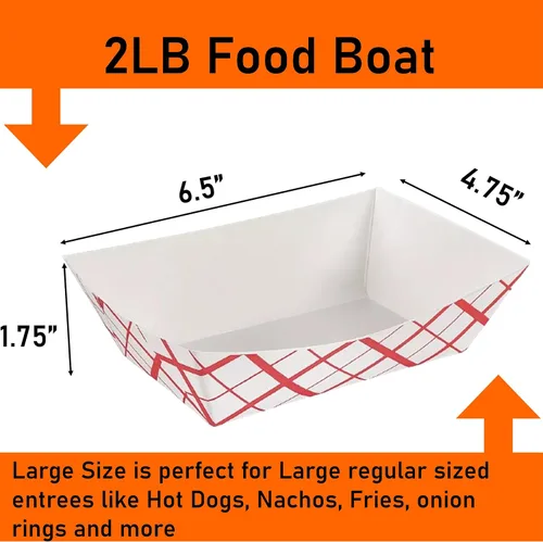 Vista 2 de Bandejas de papel para alimentos, papel a cuadros rojo y blanco. Mediano (2 libras). Paquete de 50 botes desechables y reciclables. Para