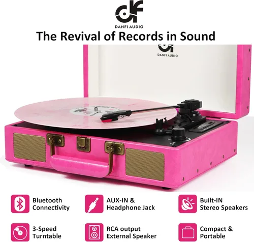 Vista 7 de Tocadiscos de maleta con Bluetooth vintage con altavoces integrados, tocadiscos portátil de 3 velocidades con grabadora de audio de vinilo USB, Rosa