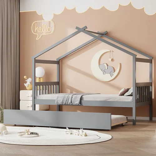Vista 36 de Merax Cama de tamaño individual de madera estilo casa con valla, marco de cama de madera con techo y barandilla de seguridad para niños, Blanco
