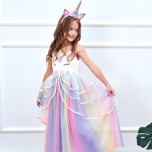 Vista 2 de Vestido de princesa unicornio, para niñas pequeñas, disfraz, joyas y diadema