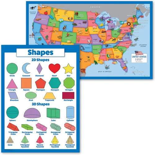 Paquete de 2 - Mapa de Estados Unidos para niños [ilustrado] + póster con formas 3D (laminado, 18 x 29 pulgadas)