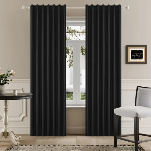 Vista 10 de Cortinas opacas de lino óxido de 108 pulgadas de largo, juego de 2 paneles para sala de estar, opacas, privacidad, pestaña trasera, aislamiento