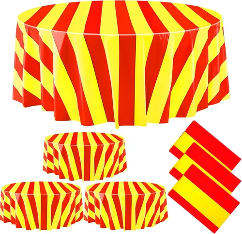 Vista 12 de Tatuo 6 Pcs Black and Orange Round Circus Table Cloth 84 Inch Carnival Circus Tablecloths Striped Disposable Plastic Table Cover for Birthday Party
