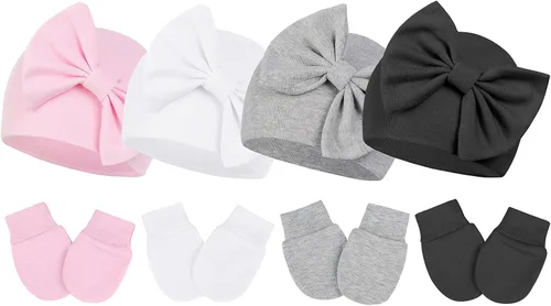 Mittens and Caps for Newborn Baby Girls Set Hospital Hat Beanie Infant Hats with Bow for 0-6 Months