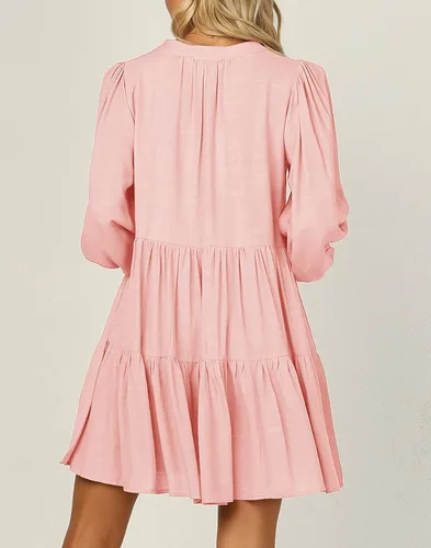 Vista 3 de goforparis Minivestido con volantes y mangas abullonadas 34 para mujer cuello en V plisado liso con bolsillos