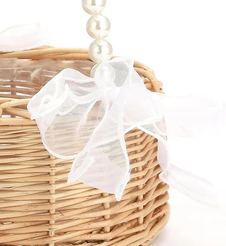 Vista 6 de Cesta de mimbre de ratán para niña, cesta rústica para niña de las flores con mango de perlas, cesta de flores pequeña para niñas de flores, cesta 1