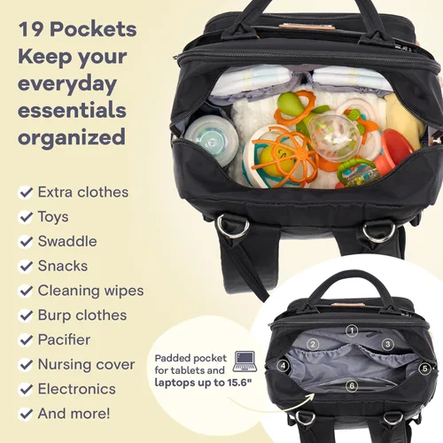 Vista 4 de RUVALINO Mochila para pañales, paquete de viaje multifunción para maternidad y bebé, gran capacidad, impermeable, negro