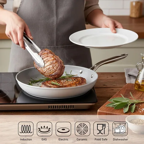 Vista 3 de TECHEF - CeraTerra - Sartén antiadherente de cerámica (sin PTFE, PFAS ni PFOA), apta para lavavajillas, mango de acero inoxidable, lista