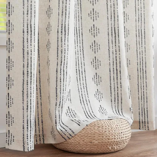 Vista 8 de Vangao - Cortinas boho con rayas negras estilo granja, 63 pulgadas de largo, diseño geométrico de mudcloth, cortinas de lino para sala de estar