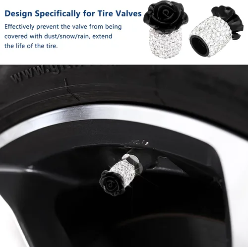 Vista 2 de Tapas brillantes para válvula de neumático 4 Pack, tapas de válvula de neumático con flores de rosa, cubiertas universales de vástago con diamantes