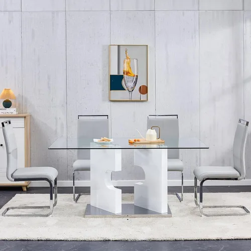Vista 13 de Juego de mesa de comedor de cristal para 4,5 piezas, tablero de mesa de vidrio templado y base de MDF de diseño moderno con 4 sillas de comedor