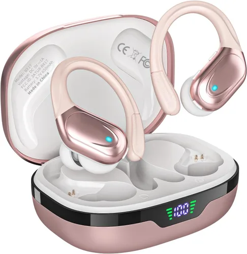 HAOYUYAN Auriculares inalámbricos, auriculares Bluetooth deportivos, auriculares deportivos con 80 horas de reproducción, con pantalla de Oro rosa