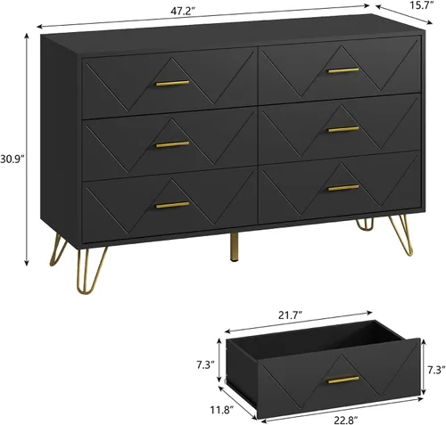 Vista 10 de Cómoda de 7 cajones para dormitorio, color blanco con patas y asas doradas, cómoda de madera, cómoda moderna para sala de estar, pasillo, guardería