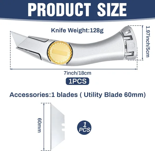 Vista 2 de 1 juego de cuchillos para alfombras, cuchillo de vinilo resistente para paneles de yeso con cuchillas de repuesto fijas de utilidad de hoja fija